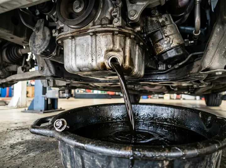 Motor oil draining from an engine into a drain pan