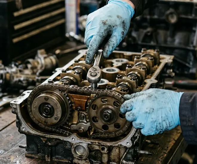 Gloved hands working on an engine cylinder head